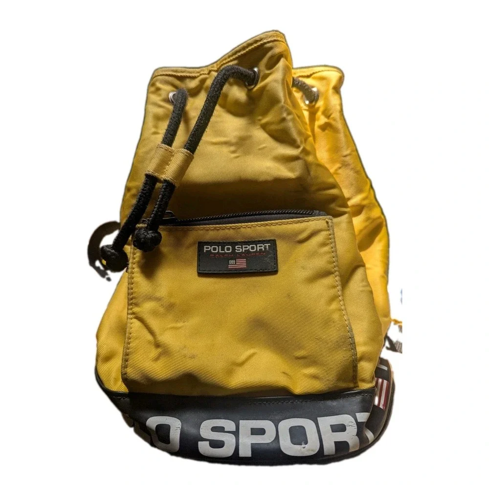 Vintage Polo Sport Ralph Lauren Yellow Drawstring Bucket Backpack Y2K USA Bag